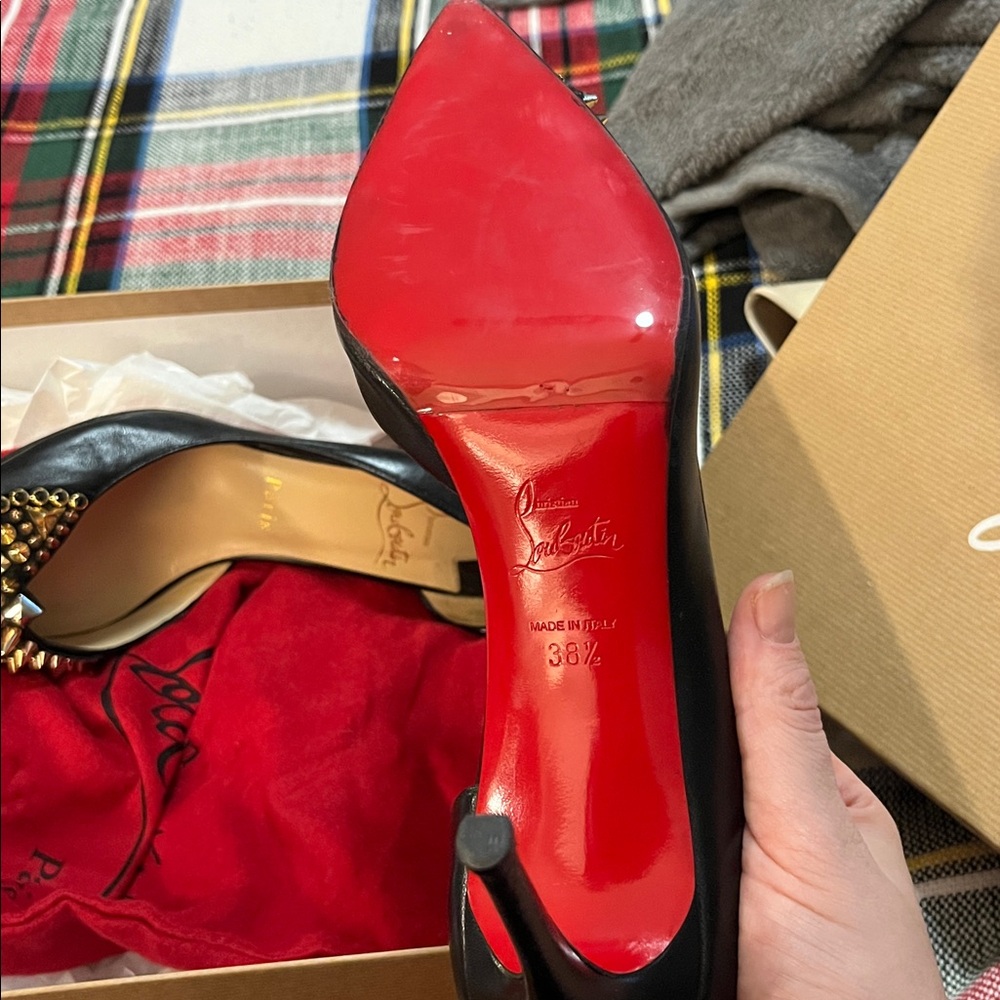 Christian Louboutin Black and Gold Studded Heels - Picture 2 of 10